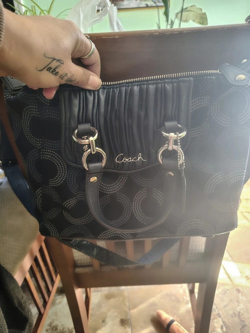 Vintage Coach Ashley Hand Drawn Scarf Print Hippie Crossbody Bag Black & Gray